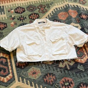 Zara White Cropped Button-Up Shirt